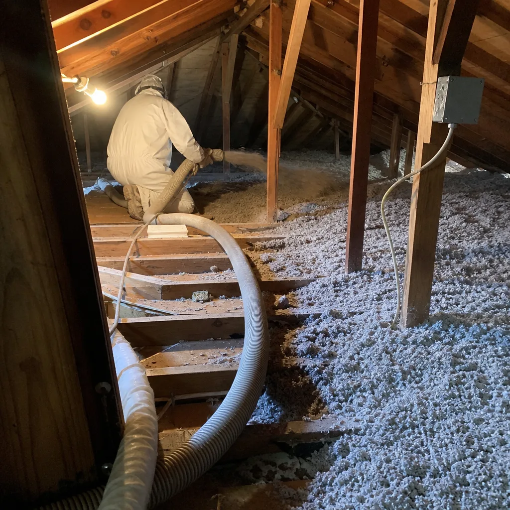 Professional blowing loose-fill insulation into attic for energy efficiency in Los Angeles, CA