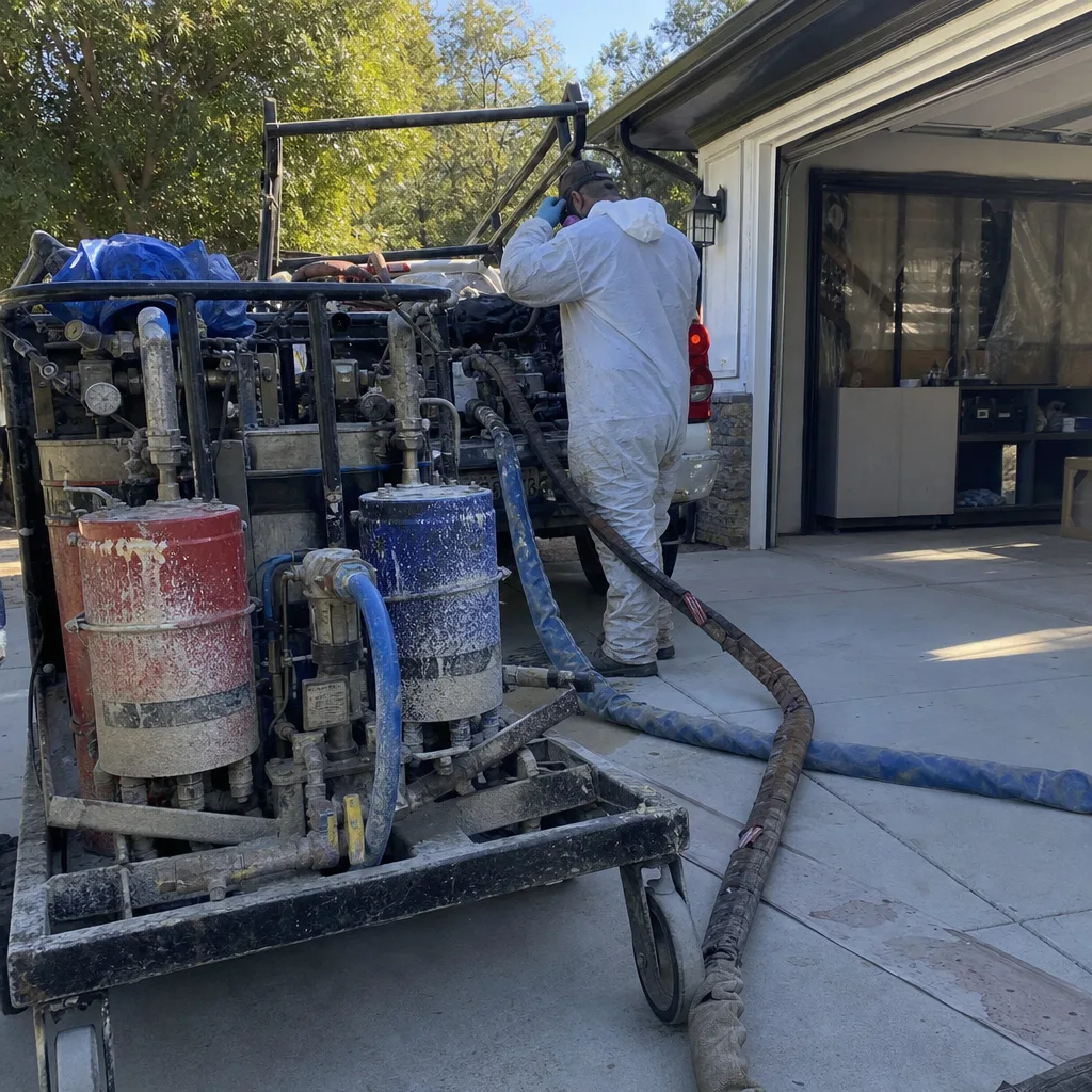 Professional contractor using industrial spray foam insulation equipment